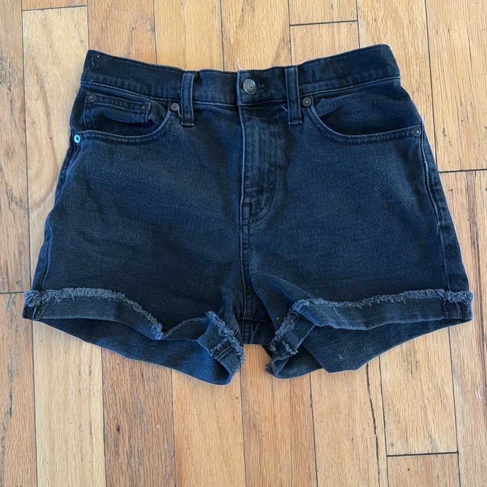 Madewell | Black Denim | High Rise Shorts | size 26 | raw hem | distressed